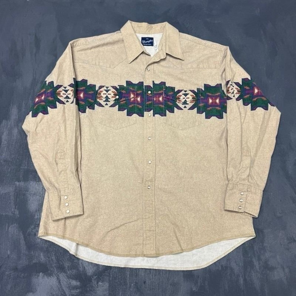 Vintage Wrangler Pearl Snap Shirt Mens XXL Beige 1990s USA Aztec